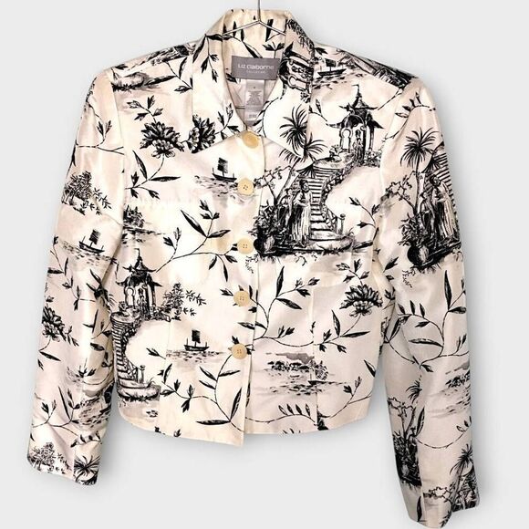 Liz Claiborne Jacket Womens sz 8 Cream Black Silk‎ Vintage Village Asian Print - Picture 14 of 15